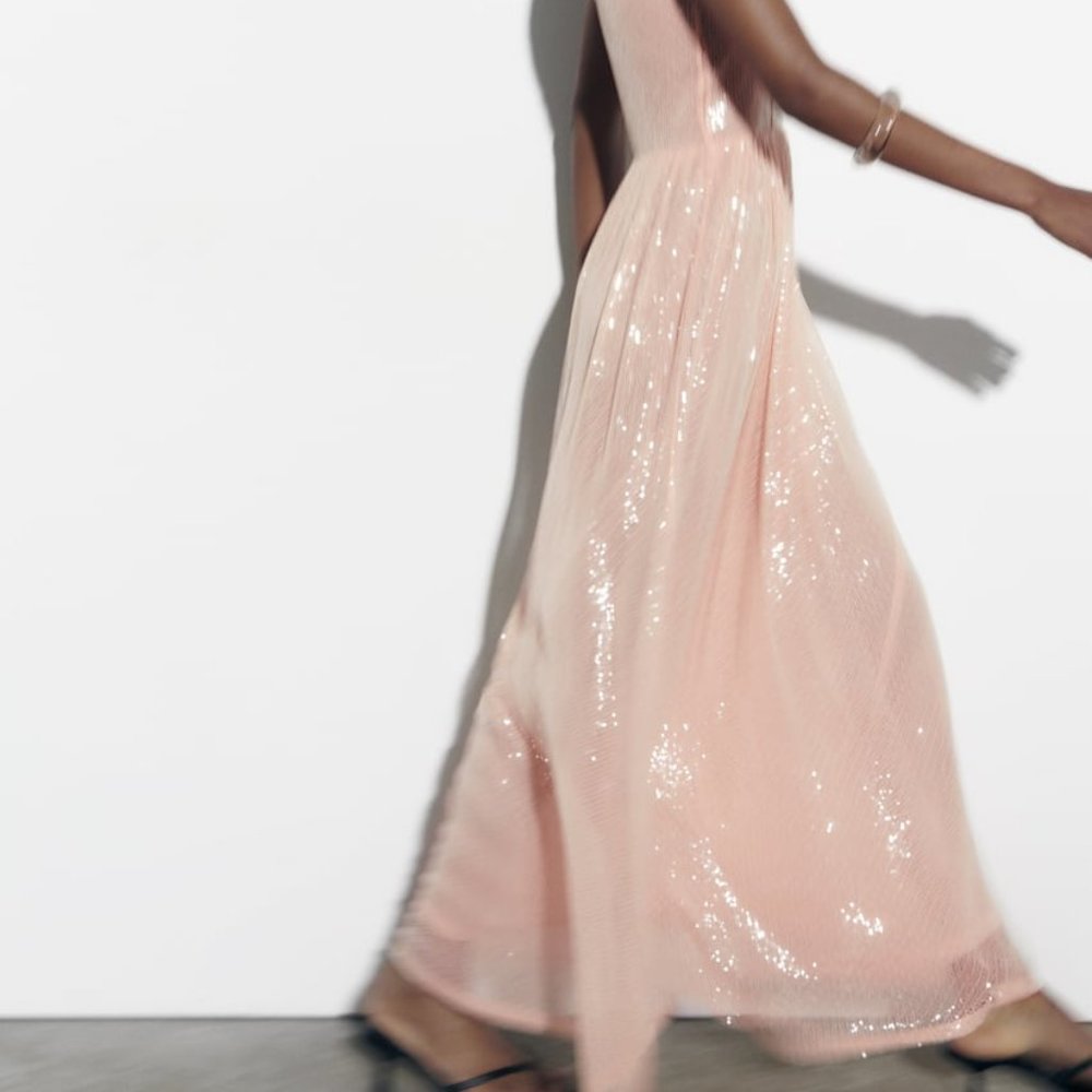 NWT SEQUIN PASTEL PINK EVENING MIDI DRESS.